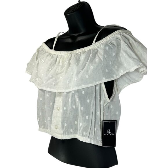 VOLCOM Winding Roads Cami Crop Tank Top Sz L White Polka Dot Off Shoulder Ruffle - Picture 4 of 16